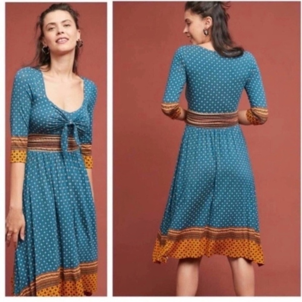 Maeve Anthropologie Teal Printed Midi Dress Size Small • Like New